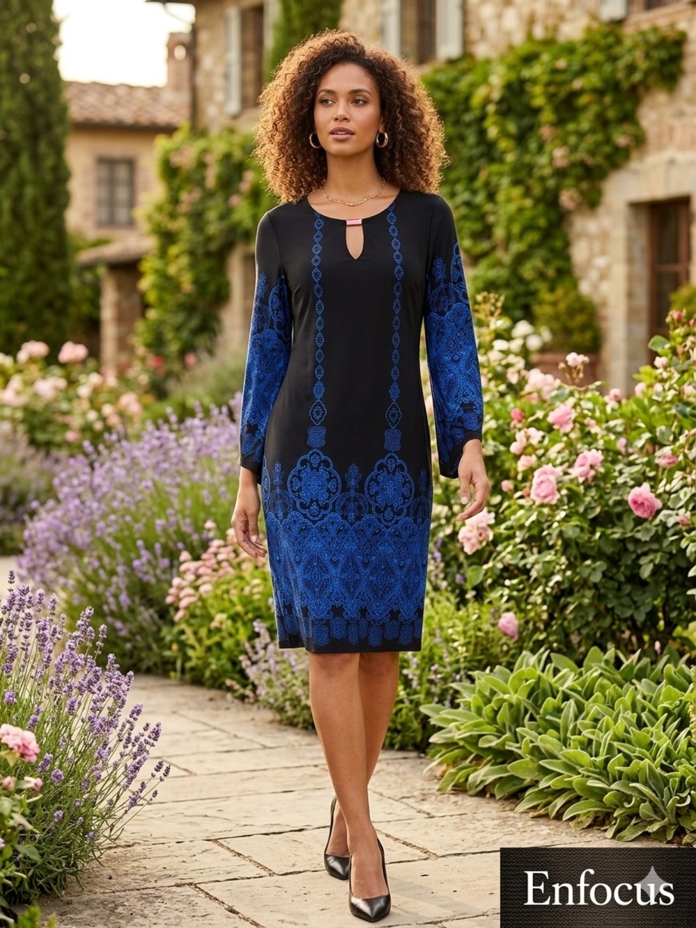 Enfocus Studio Black and Blue Keyhole Midi Dress